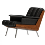 Genuine Leather Black Italian Minimalist Armchair with Wooden Legs