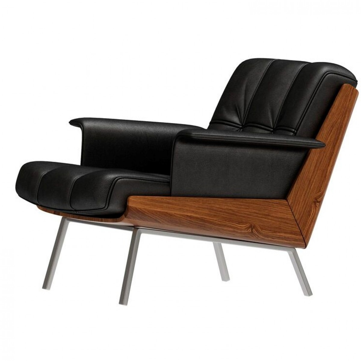 Genuine Leather Black Italian Minimalist Armchair with Wooden Legs
