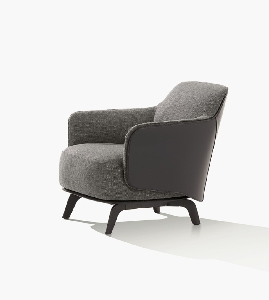 Fabric Lounge Gray Armchair with Armrests Wooden Base
