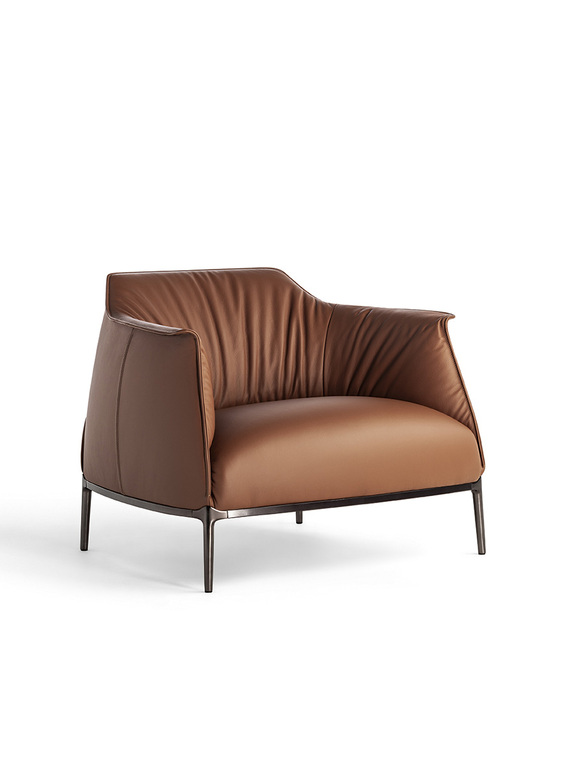 Armchair Upholstered in Brown Leather with Steel Frame in Gunmetal Grey Finish