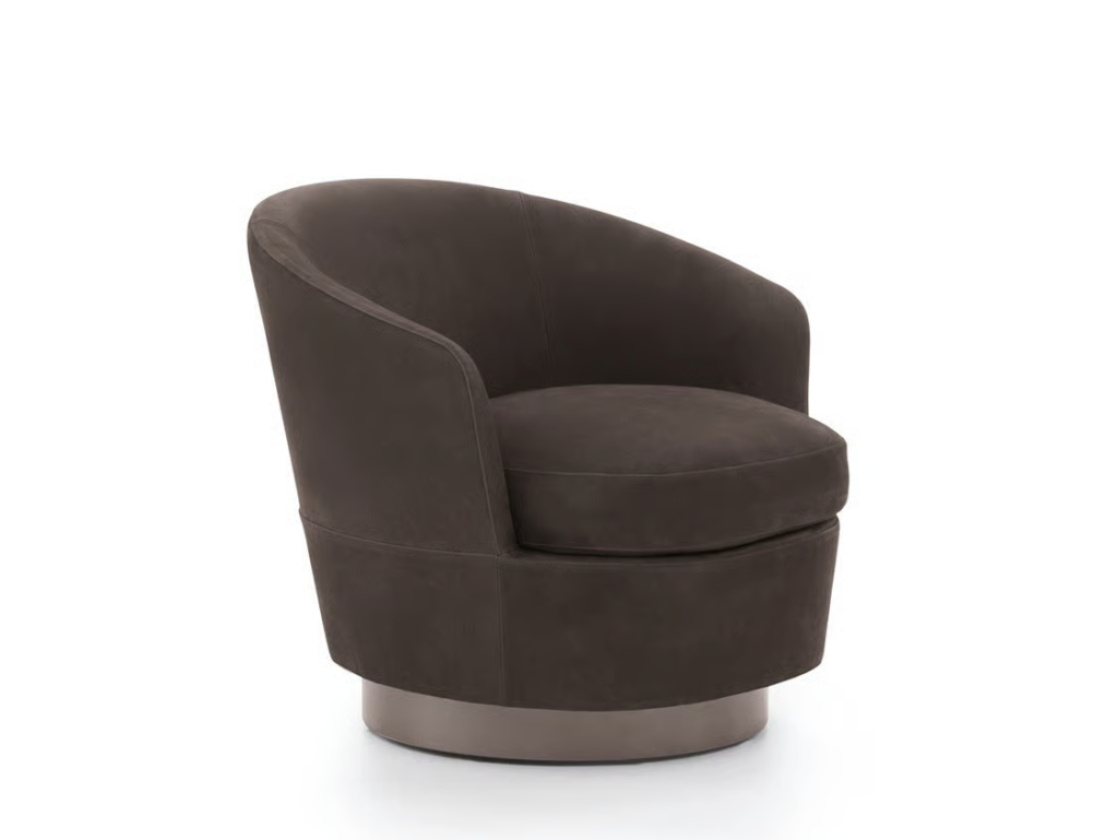 Luxury Swivel Brown Armchair with Goose Down Cushions and Bronze Metal Base
