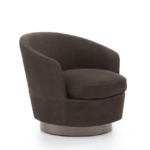 Luxury Swivel Brown Armchair with Goose Down Cushions and Bronze Metal Base