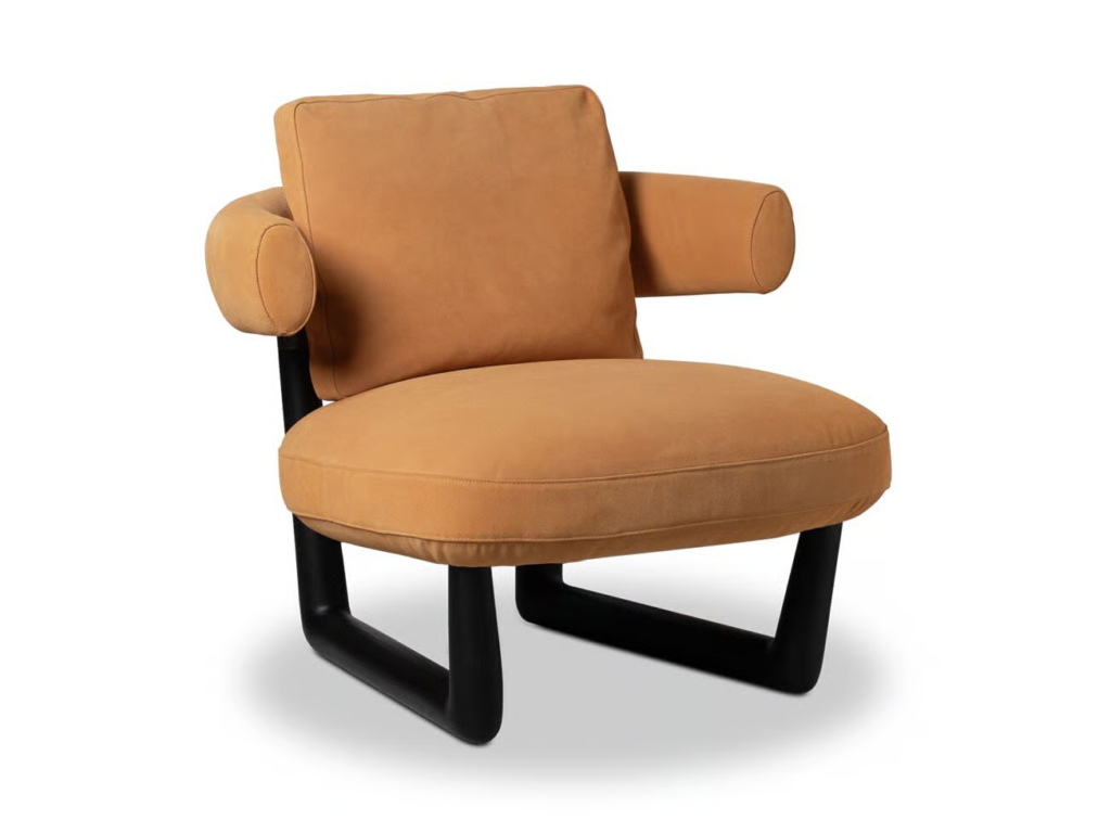 Warm Tan Suede Accent Chair with Rounded Arms and Bold Black Frame Modern Comfy Seat