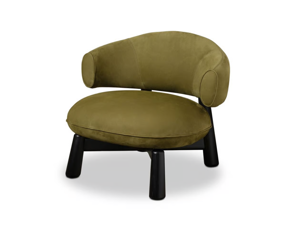 Olive Green Curved Back Suede Accent Chair with Black Wooden Legs