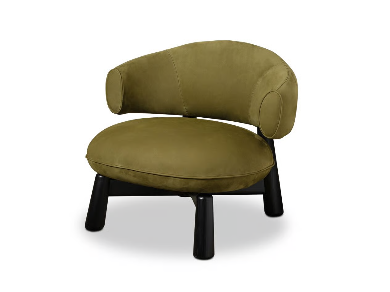 Olive Green Curved Back Suede Accent Chair with Black Wooden Legs