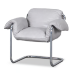 Light Gray Leather Accent Chair with Curved Chrome Metal Frame