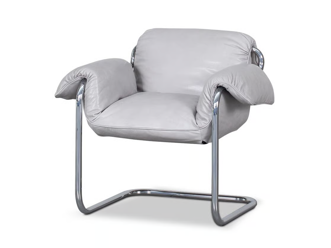Light Gray Leather Accent Chair with Curved Chrome Metal Frame
