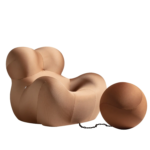 Sculptural Curved Beige Fabric Accent Chair with Attached Chain Ottoman