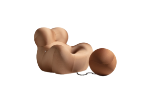 Sculptural Curved Beige Fabric Accent Chair with Attached Chain Ottoman