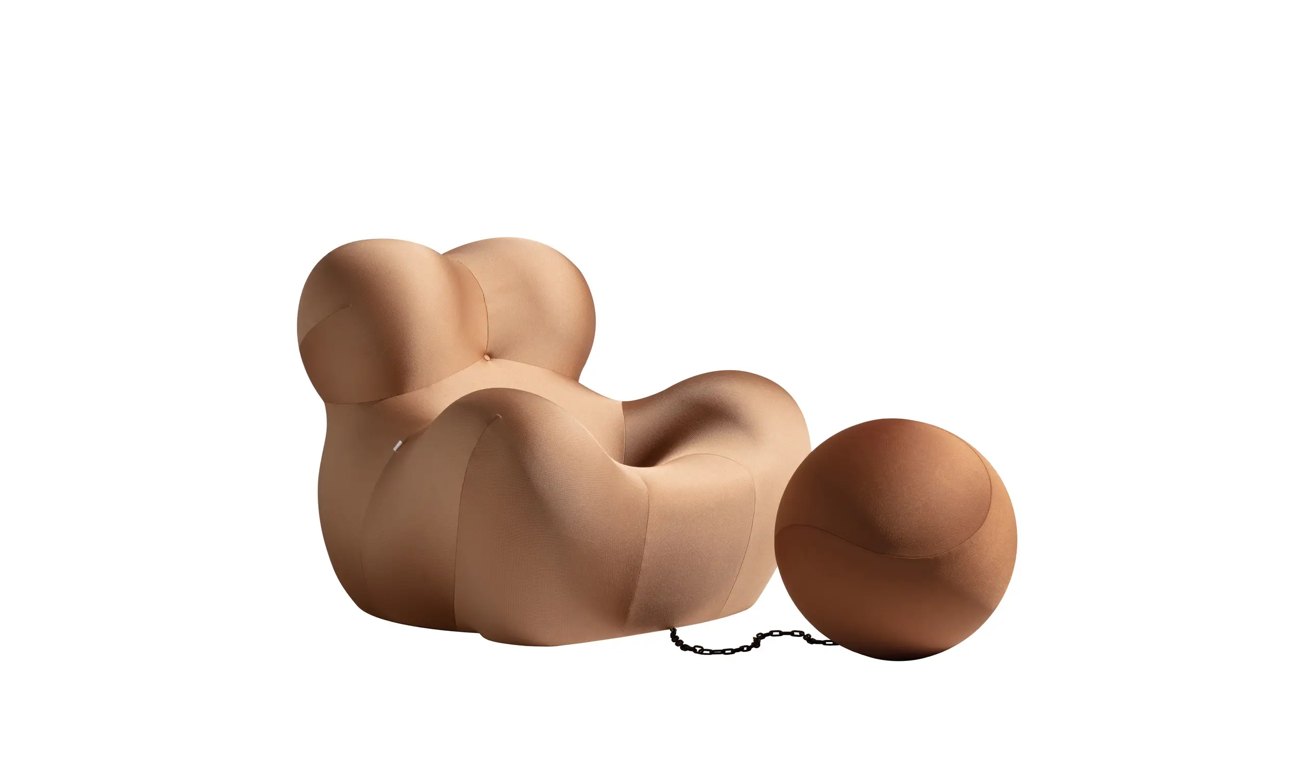 Sculptural Curved Beige Fabric Accent Chair with Attached Chain Ottoman