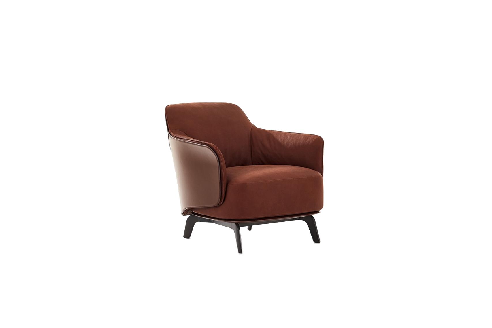 Leather Lounge Brown Armchair with Armrests Wooden Base
