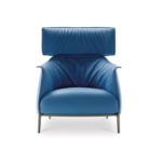 Natural Full Grain Aniline Leather Developing Patina Blue Armchair with footrest
