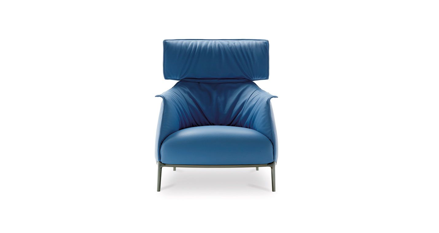 Natural Full Grain Aniline Leather Developing Patina Blue Armchair with footrest