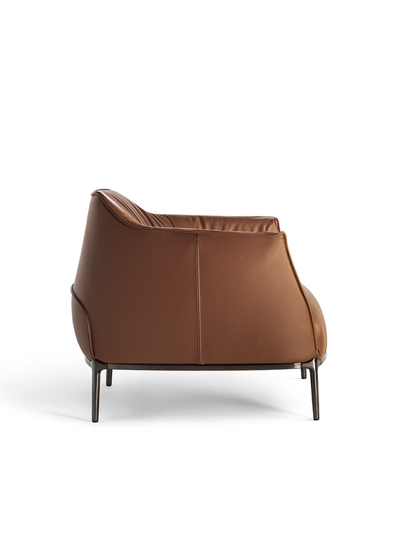 Armchair Upholstered in Brown Leather with Steel Frame in Gunmetal Grey Finish