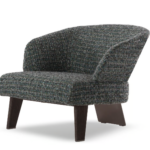 Modern Fabric Lounge Black Armchair with Wood Accents and Bronze Frame