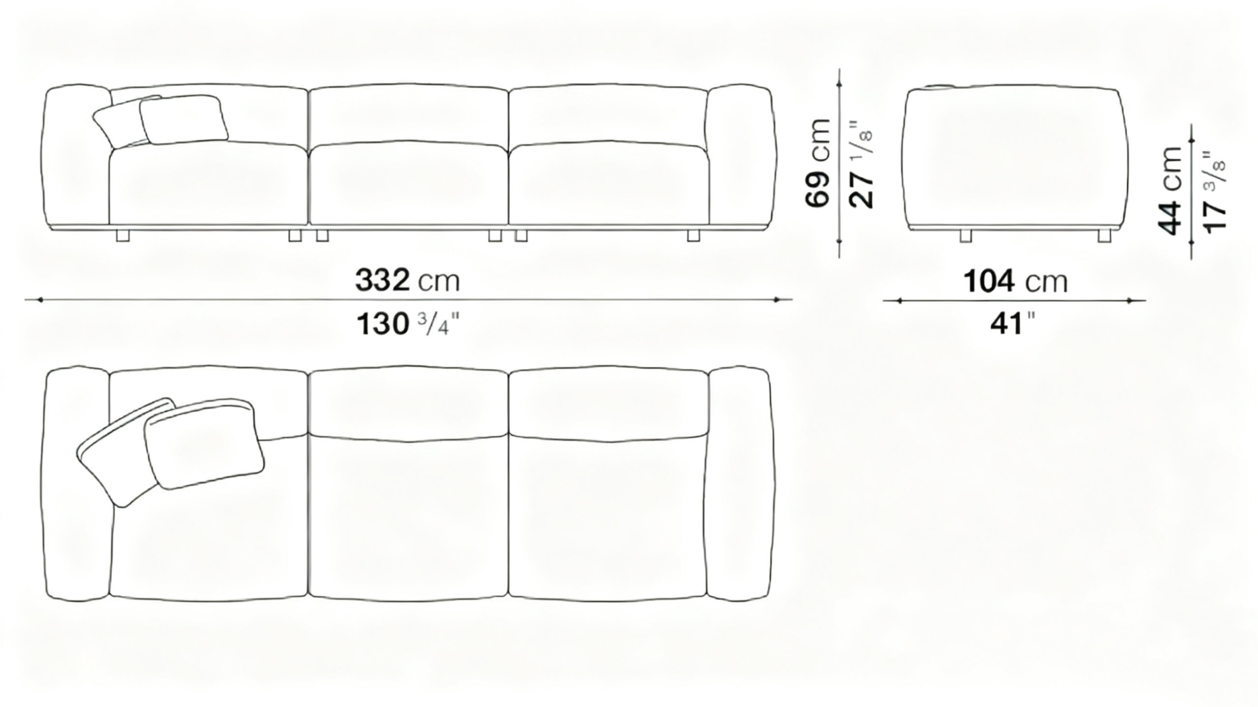 Modern Low-Profile Sofa with Plush Upholstery and Bronzed Nickel Base