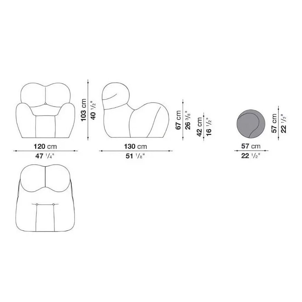 Sculptural Curved Beige Fabric Accent Chair with Attached Chain Ottoman