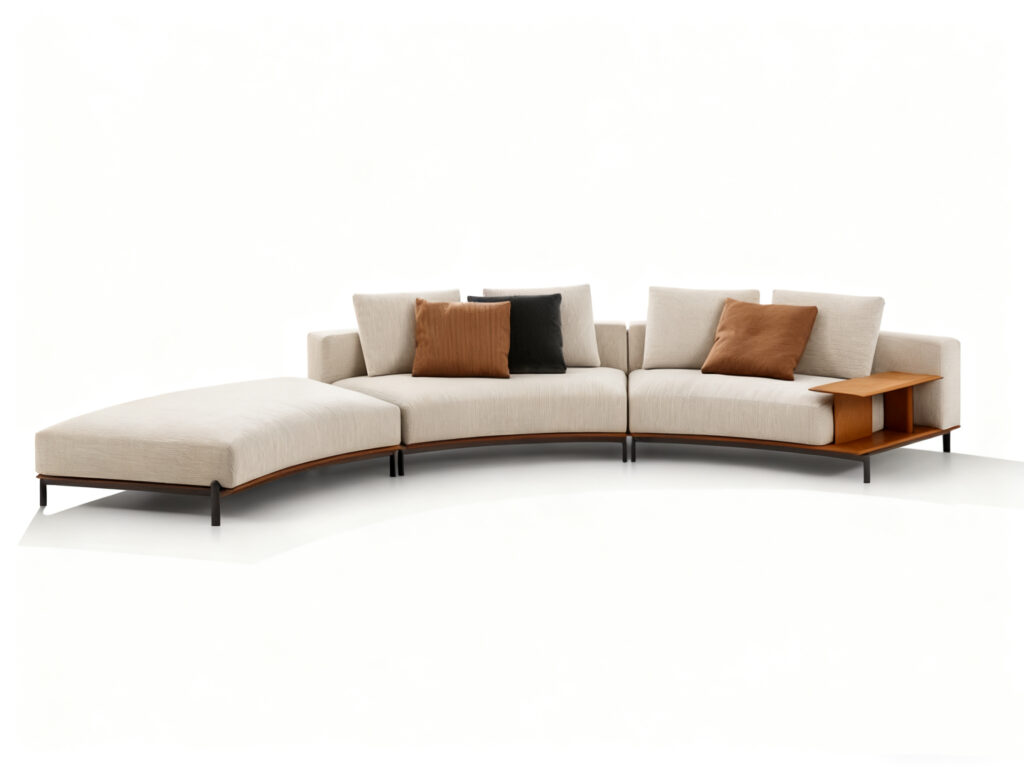 Sculptural Curved Sofa with Leather-Wrapped Base and Contrast Stitch Detailing