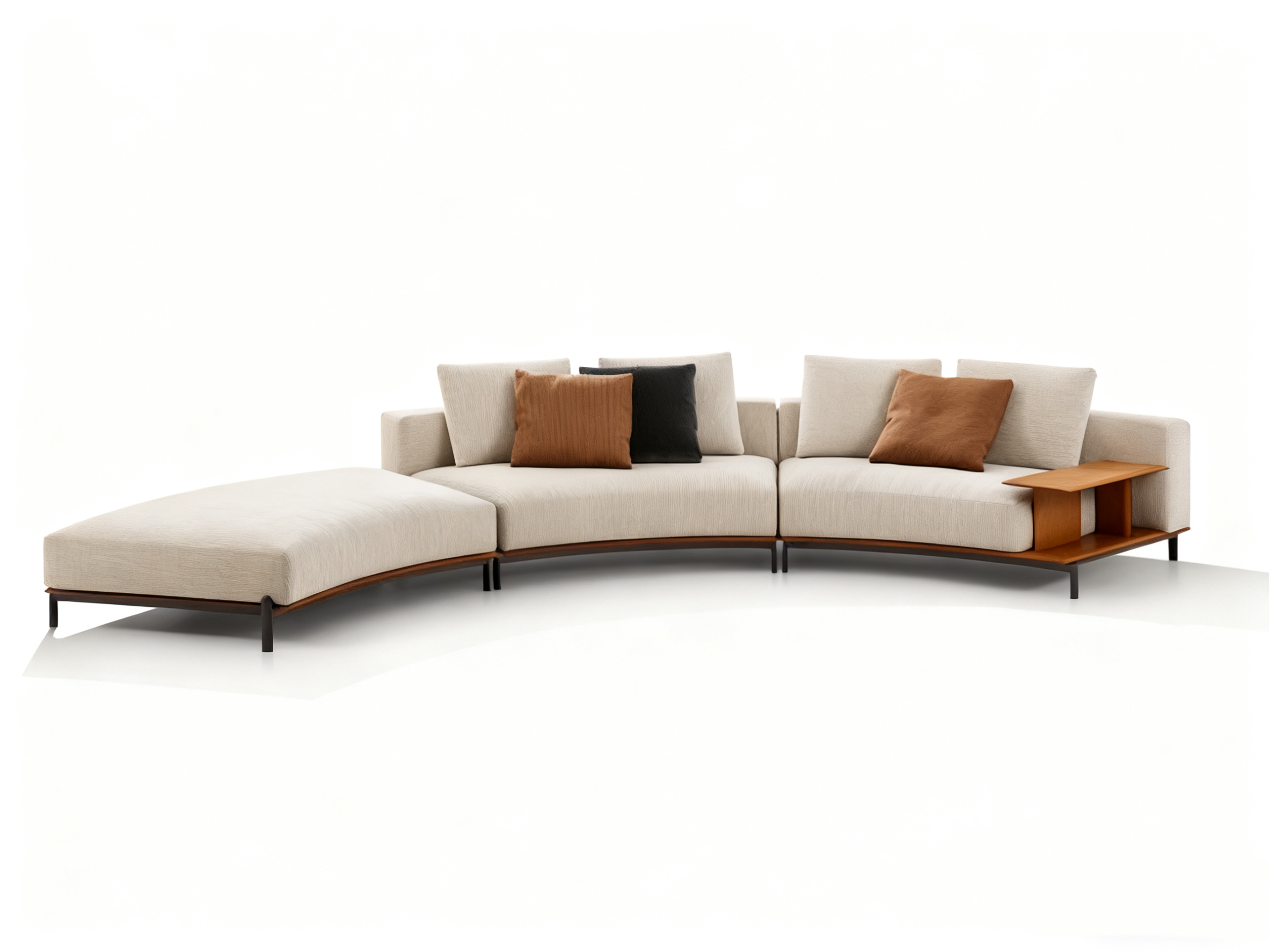 Sculptural Curved Sofa with Leather-Wrapped Base and Contrast Stitch Detailing