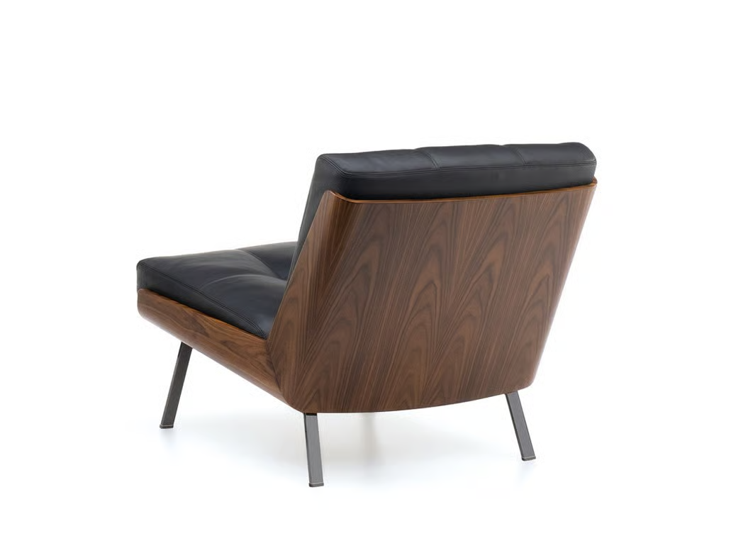 Genuine Leather Black Italian Minimalist Armchair with Wooden Legs