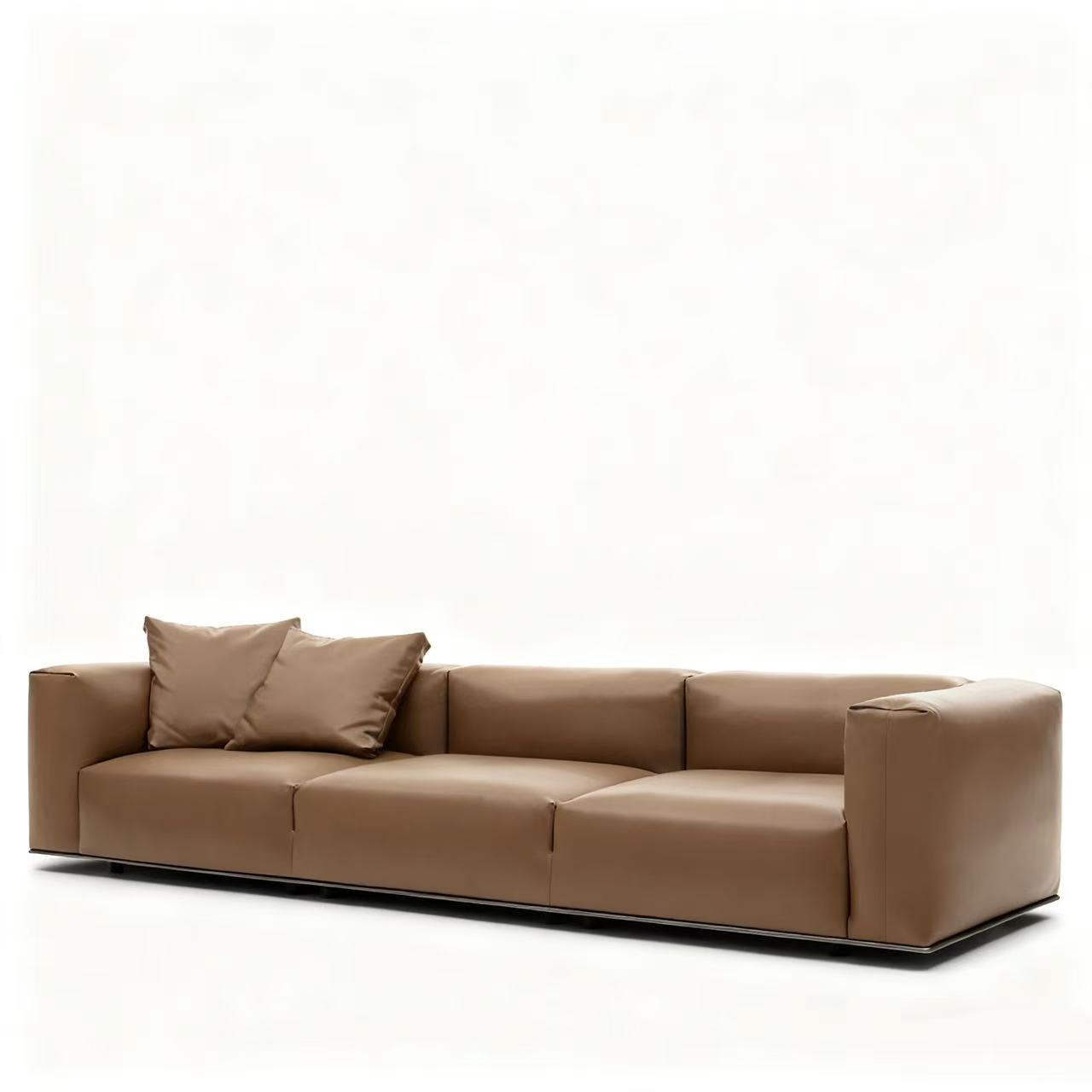 Modern Low-Profile Sofa with Plush Upholstery and Bronzed Nickel Base