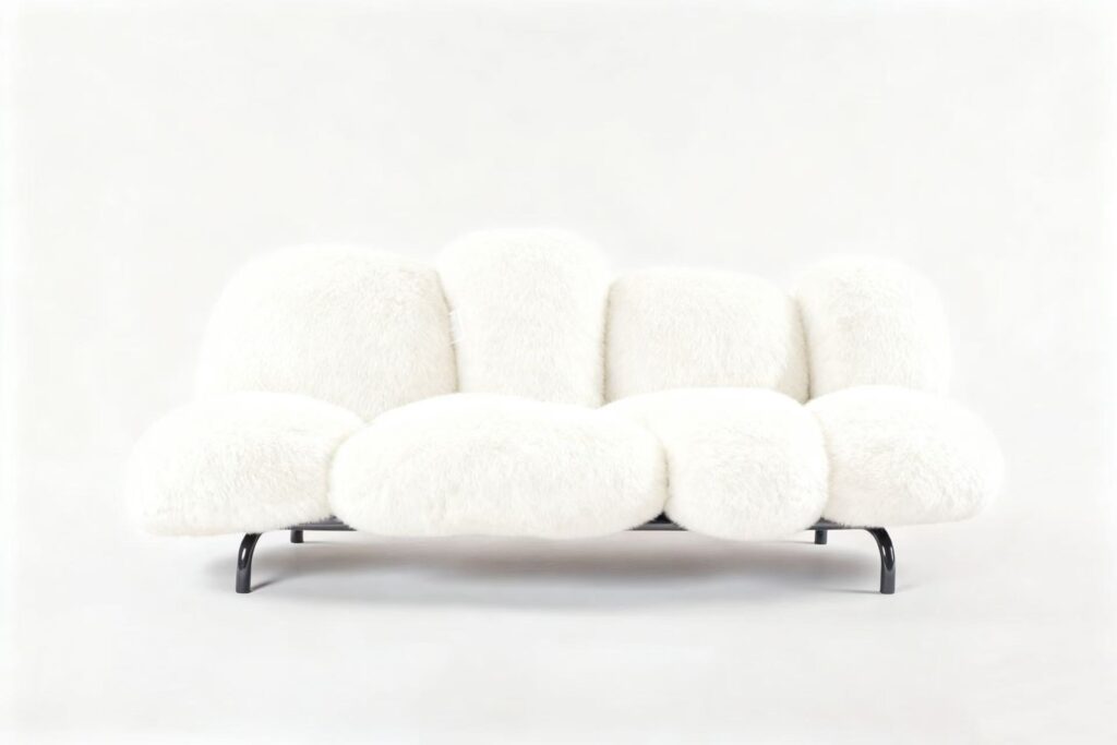 Plush Ecological Fur Sofa with Floating Powder Puff Cushions and Gellyfoam Comfort