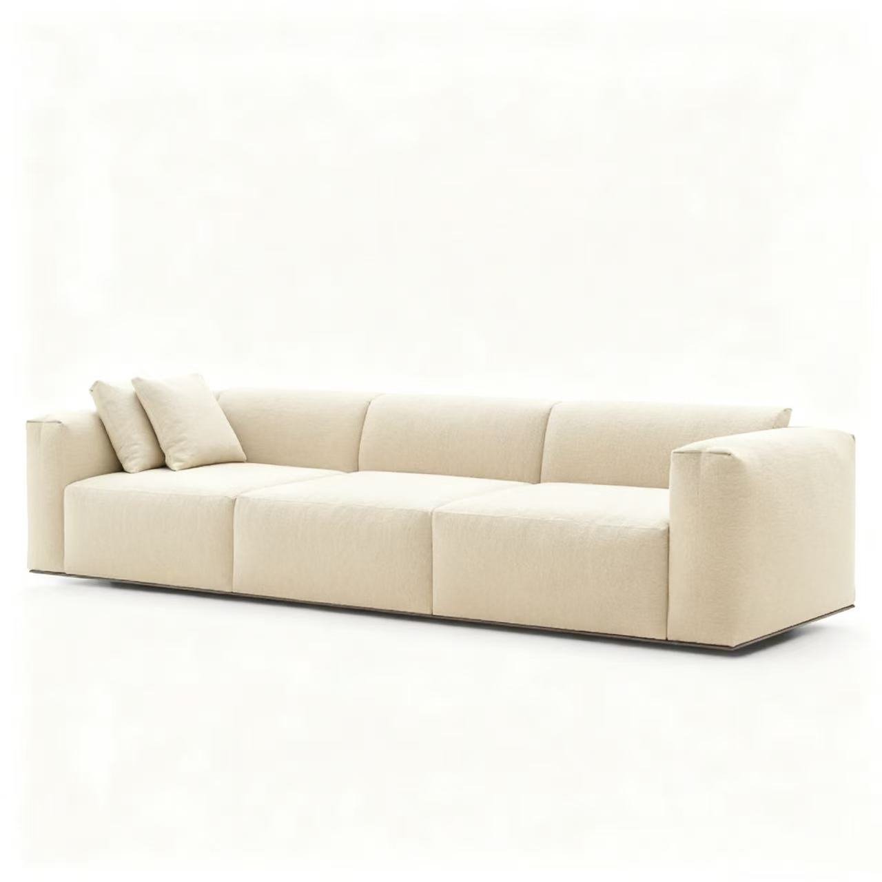 Modern Low-Profile Sofa with Plush Upholstery and Bronzed Nickel Base