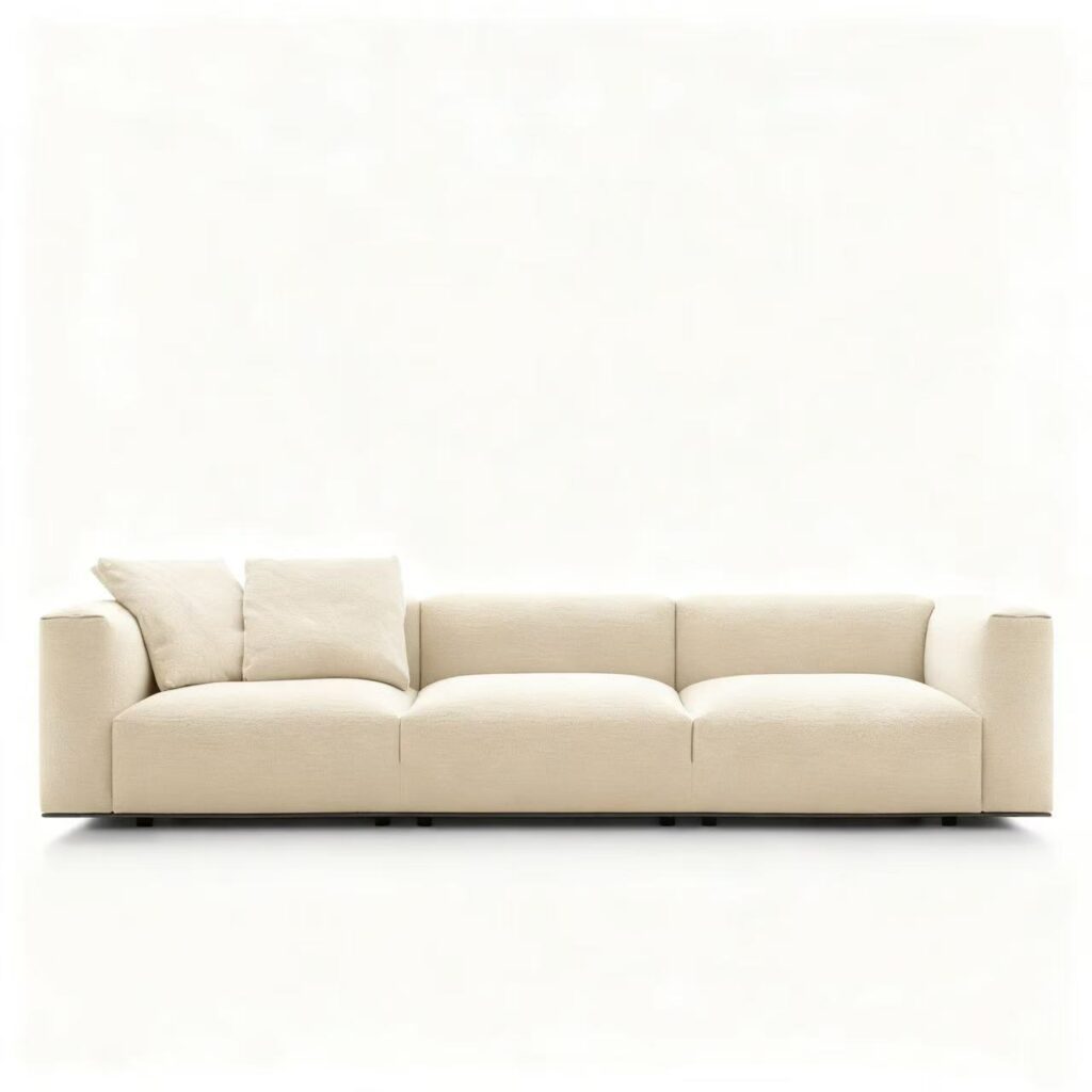 Modern Low-Profile Sofa with Plush Upholstery and Bronzed Nickel Base