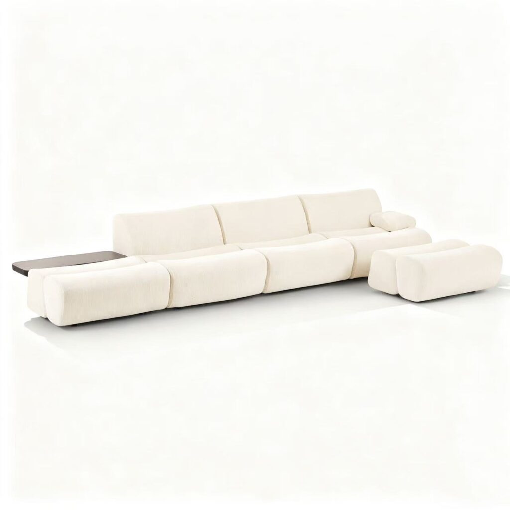 Modular Velvet & Leather Sofa System with Elm Wood Marble Coffee Tables