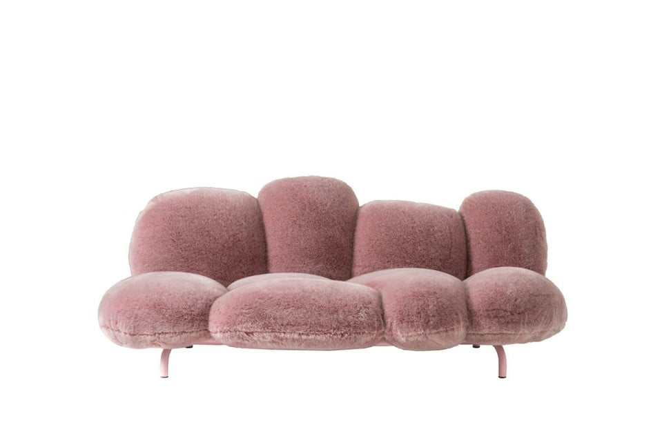 Plush Ecological Fur Sofa with Floating Powder Puff Cushions and Gellyfoam Comfort