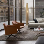 Olive Leather Swivel Chair Dark Metal Base Modern Lounge Seating