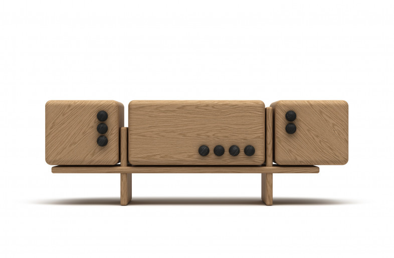 Oak Modular Sideboard Black Accent Buttons Minimalist Storage Furniture