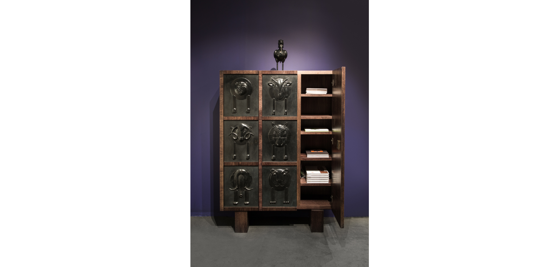 Animal Motif Drawer Cabinet Dark Wood Metal Accents Decorative Storage Furniture