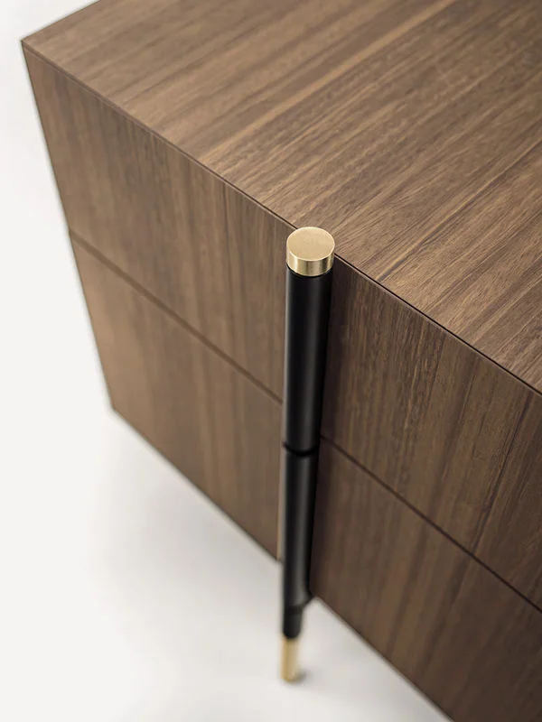 Walnut Veneer Nightstand with Black and Brass Frame