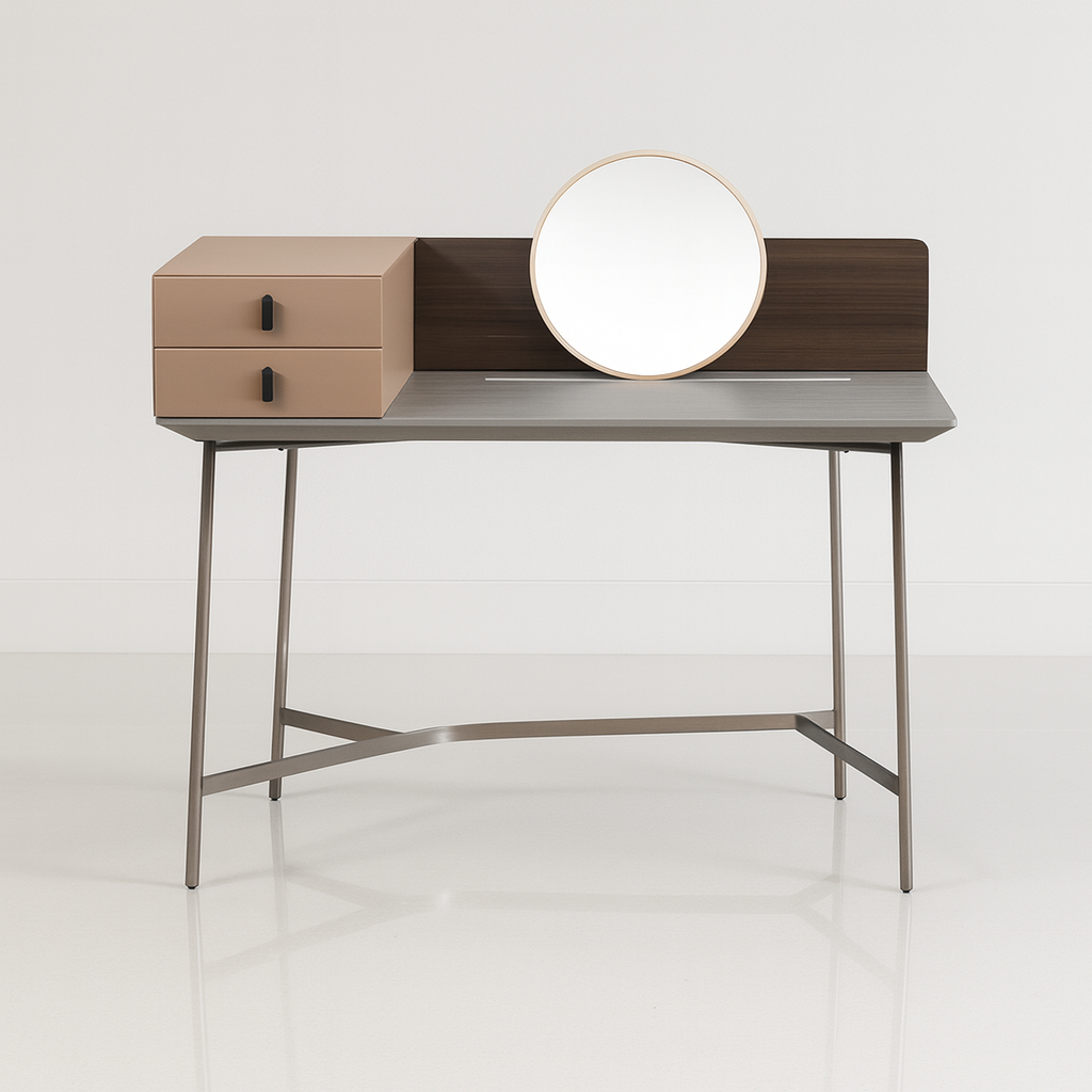 Two-Tone Wood Vanity Desk with Round Gold Trim Mirror and Metal Legs