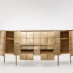 Brass Scale Console Table Curved Panel Design Slim Brass Legs Luxury Storage