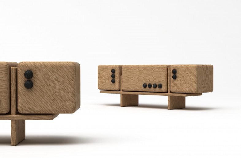 Oak Modular Sideboard Black Accent Buttons Minimalist Storage Furniture