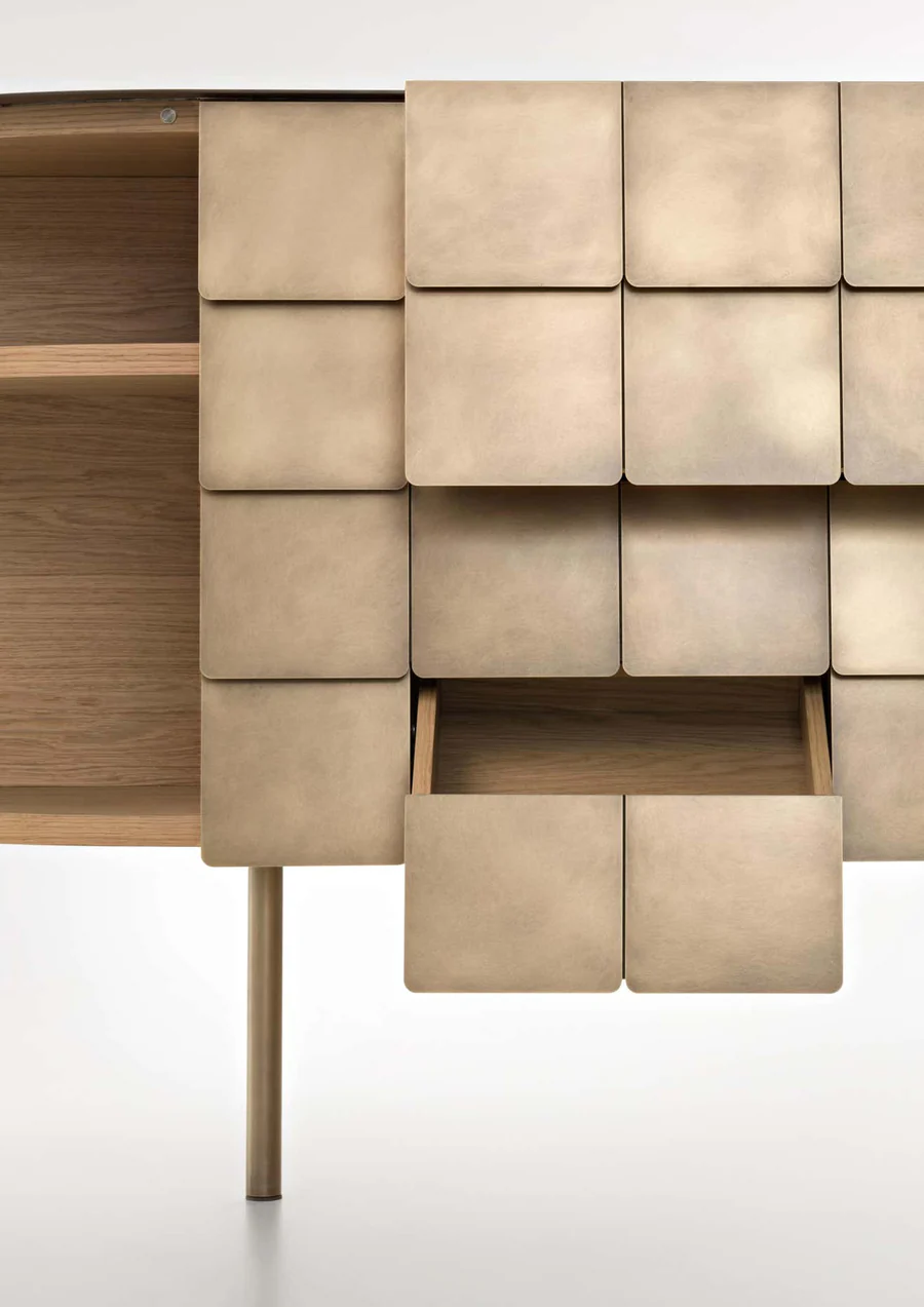 Brass Scale Console Table Curved Panel Design Slim Brass Legs Luxury Storage