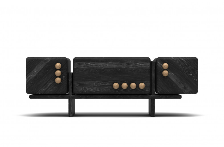 Oak Modular Sideboard Black Accent Buttons Minimalist Storage Furniture