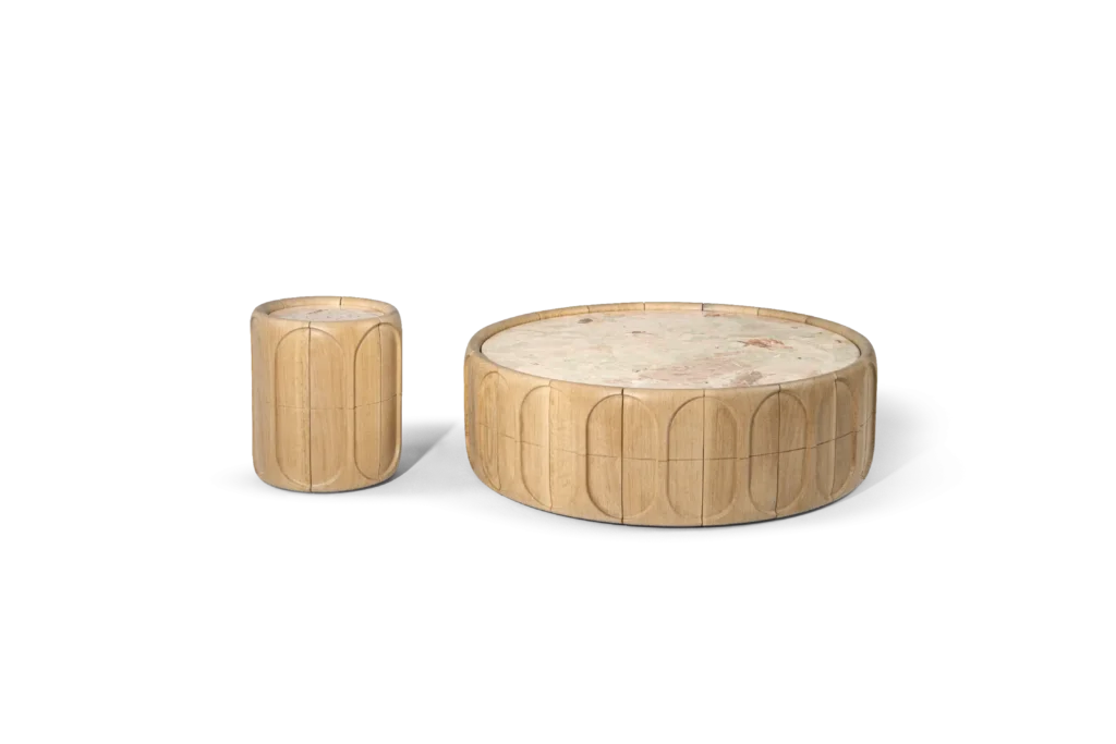 Sculptural Wooden Round Coffee Table & Side Table Set