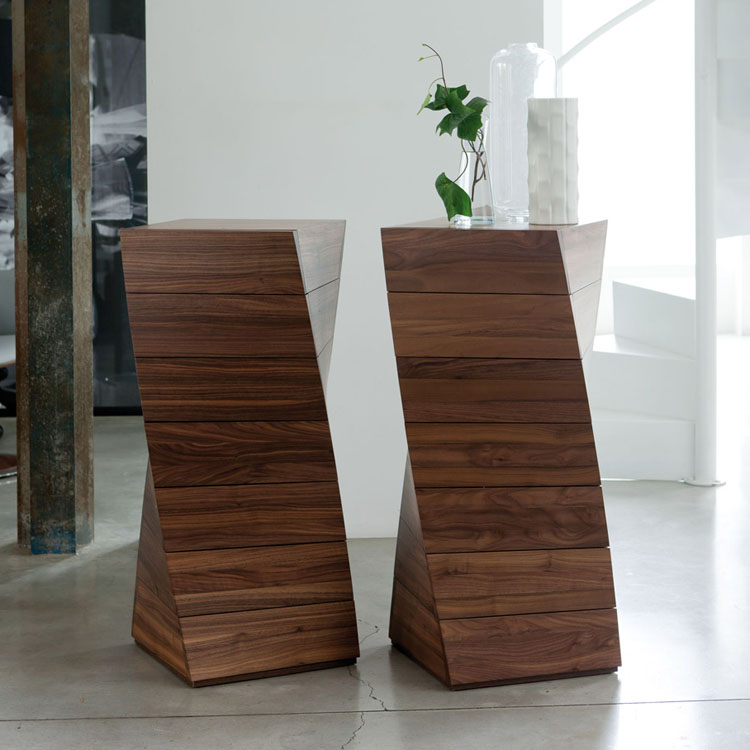 Walnut Geometric Accent Table Sculptural Design Modern Storage Pedestal