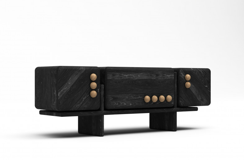 Oak Modular Sideboard Black Accent Buttons Minimalist Storage Furniture