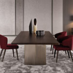 Burgundy Fabric Upholstered Walnut Leg Modern Dining Armchair