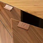 Zebrawood Console Cabinet Geometric Door Design Stainless Steel Legs Modern Artistic Storage Unit