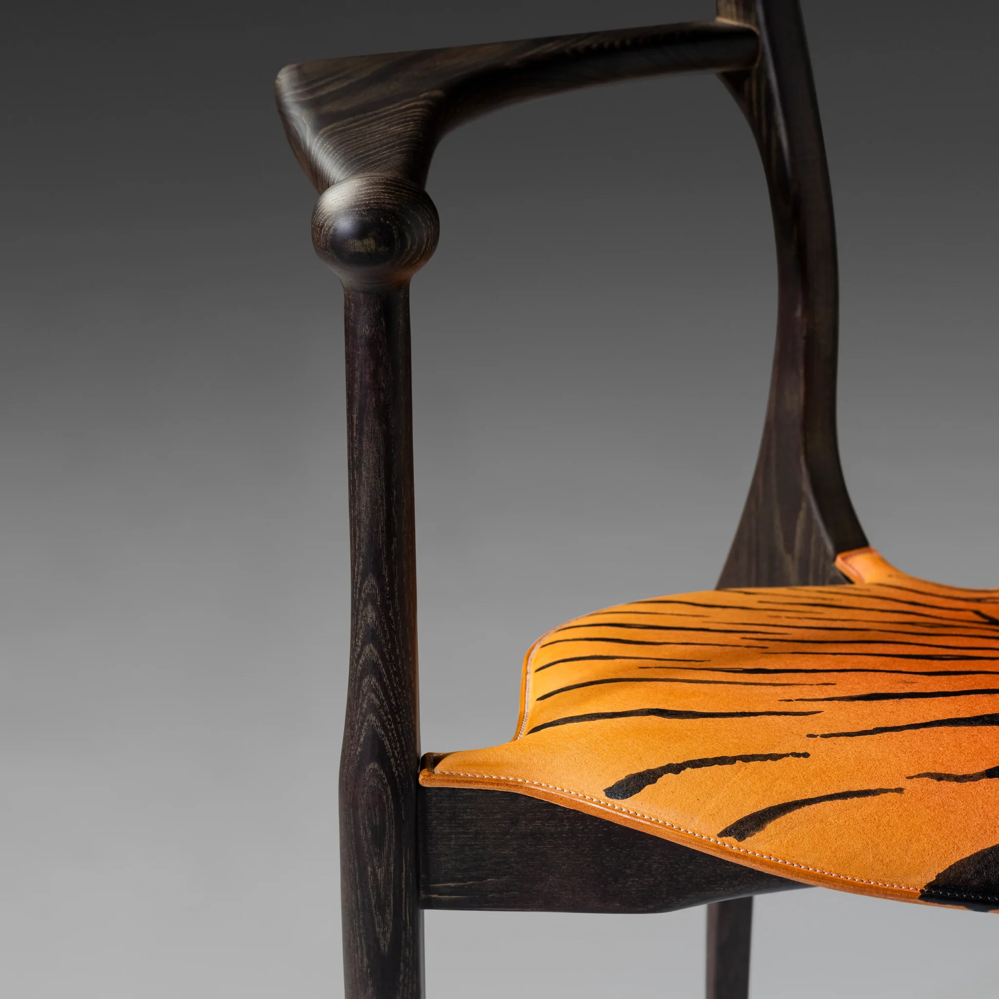 Dark Ebonized Wood Frame Tiger Print Upholstered Armchair
