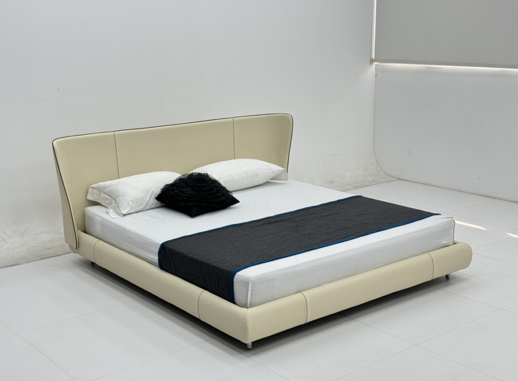 Beige Leather Curved Bed Stitched Detail Design with Sleek Metal Legs