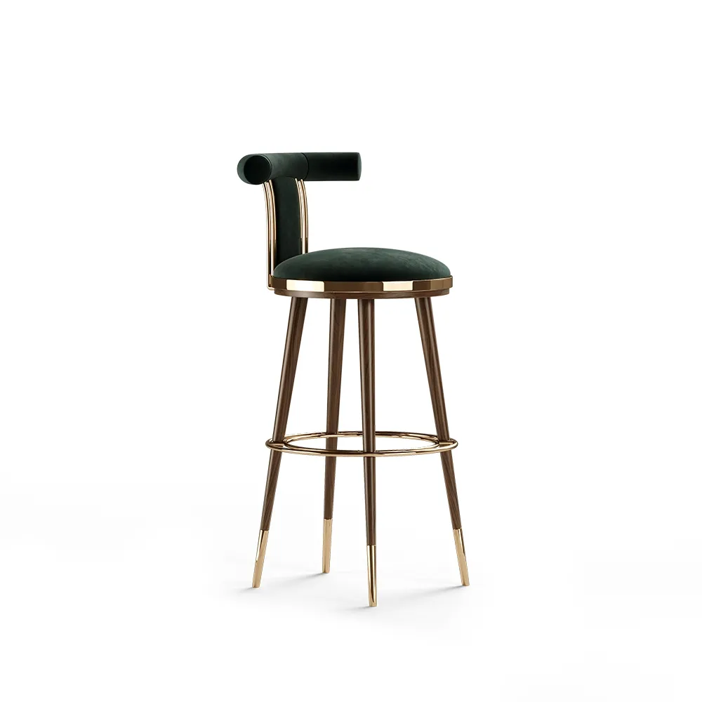 Deep Green Upholstered Walnut Wood Counter Height Bar Stool