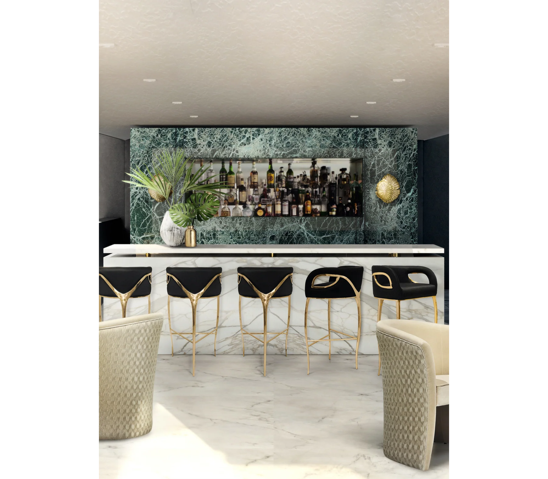 Black Velvet Upholstered Gold Metal Frame Bar Stool