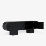 Black Wooden TV Console Curved Door Design Block Legs Modern Minimalist Storage Cabinet