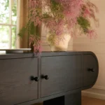 Black Wooden TV Console Curved Door Design Block Legs Modern Minimalist Storage Cabinet